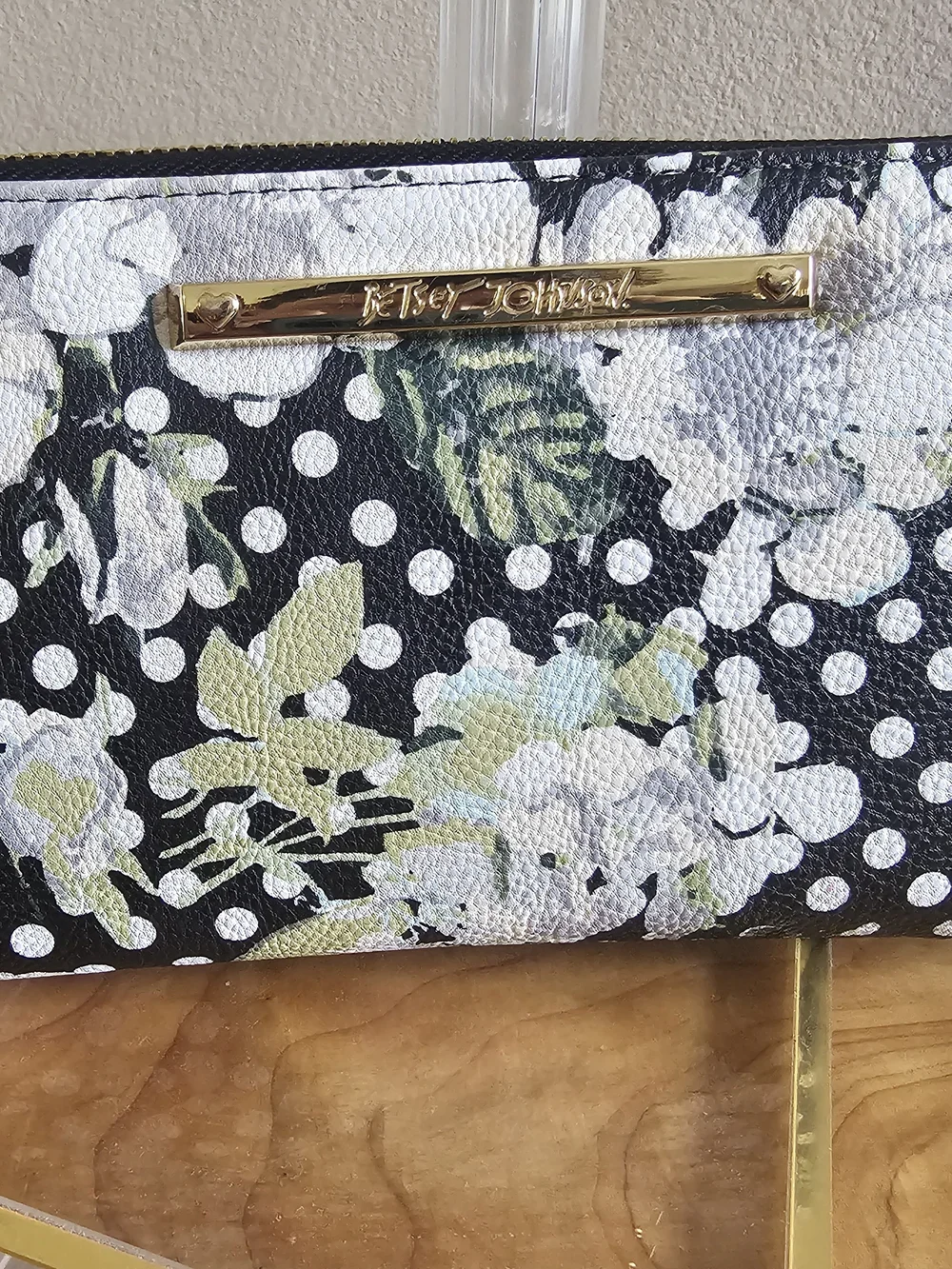 Betsey Johnson Black Floral Polka Dot Zip Wristlet Wallet